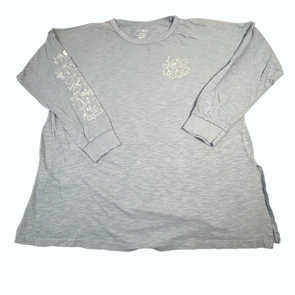 Natural Life Womens Blue Live Happy Graphic Slub Long Sleeve Tee Shirt Large